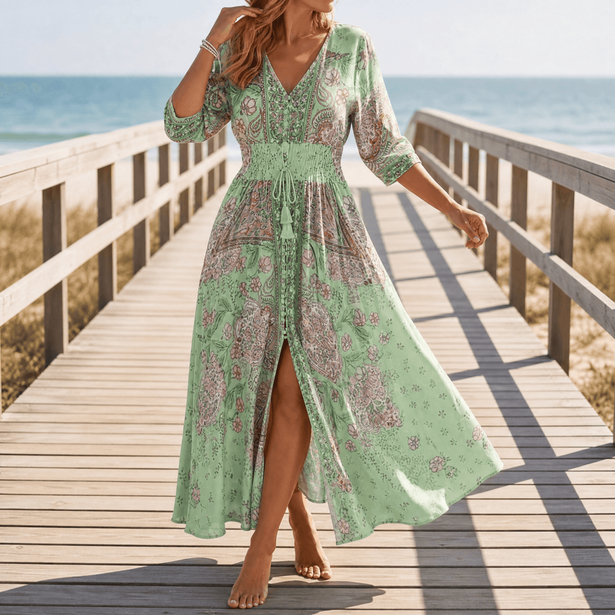 Floressa Paisley Floral V-Neck Women's Midi Dress with Drawstring Waist