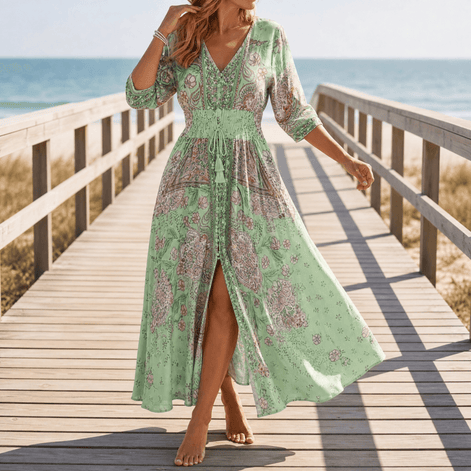 Floressa Paisley Floral V-Neck Women's Midi Dress with Drawstring Waist