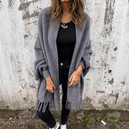 Fringe-Trim Draped Shawl Collar Open-Front Wool Winter Coat for Women