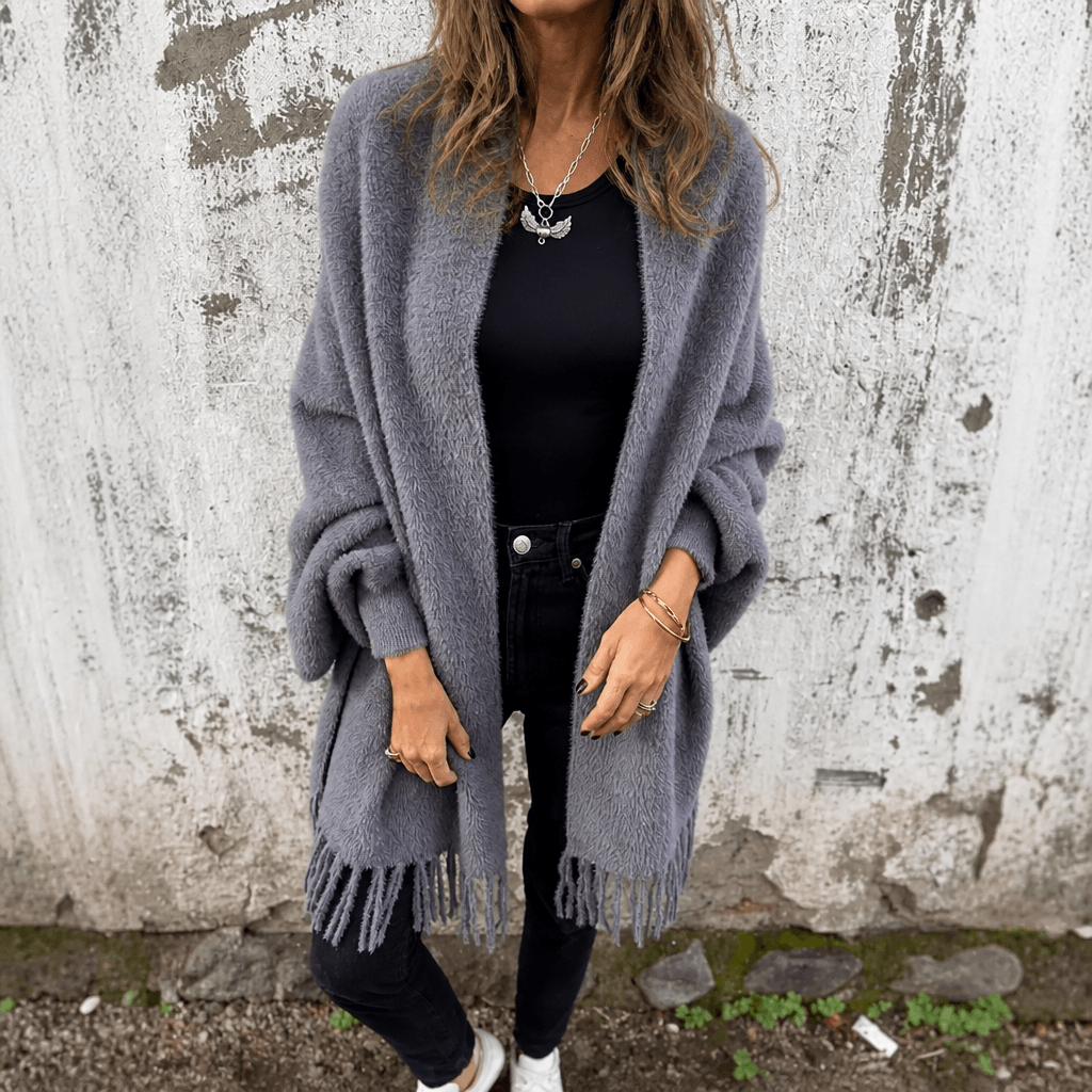 Fringe-Trim Draped Shawl Collar Open-Front Wool Winter Coat for Women