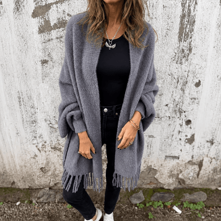 Fringe-Trim Draped Shawl Collar Open-Front Wool Winter Coat for Women