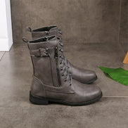 Hazel Lace-Up Combat Boots with Side Zip and Buckle Detail in Faux Leather