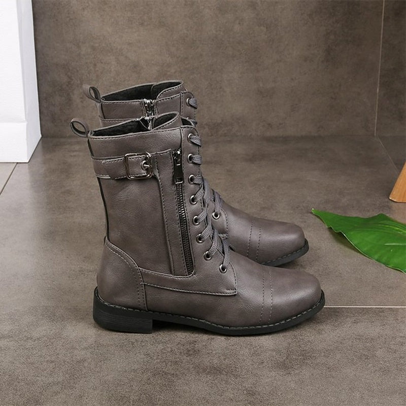 Hazel Lace-Up Combat Boots with Side Zip and Buckle Detail in Faux Leather