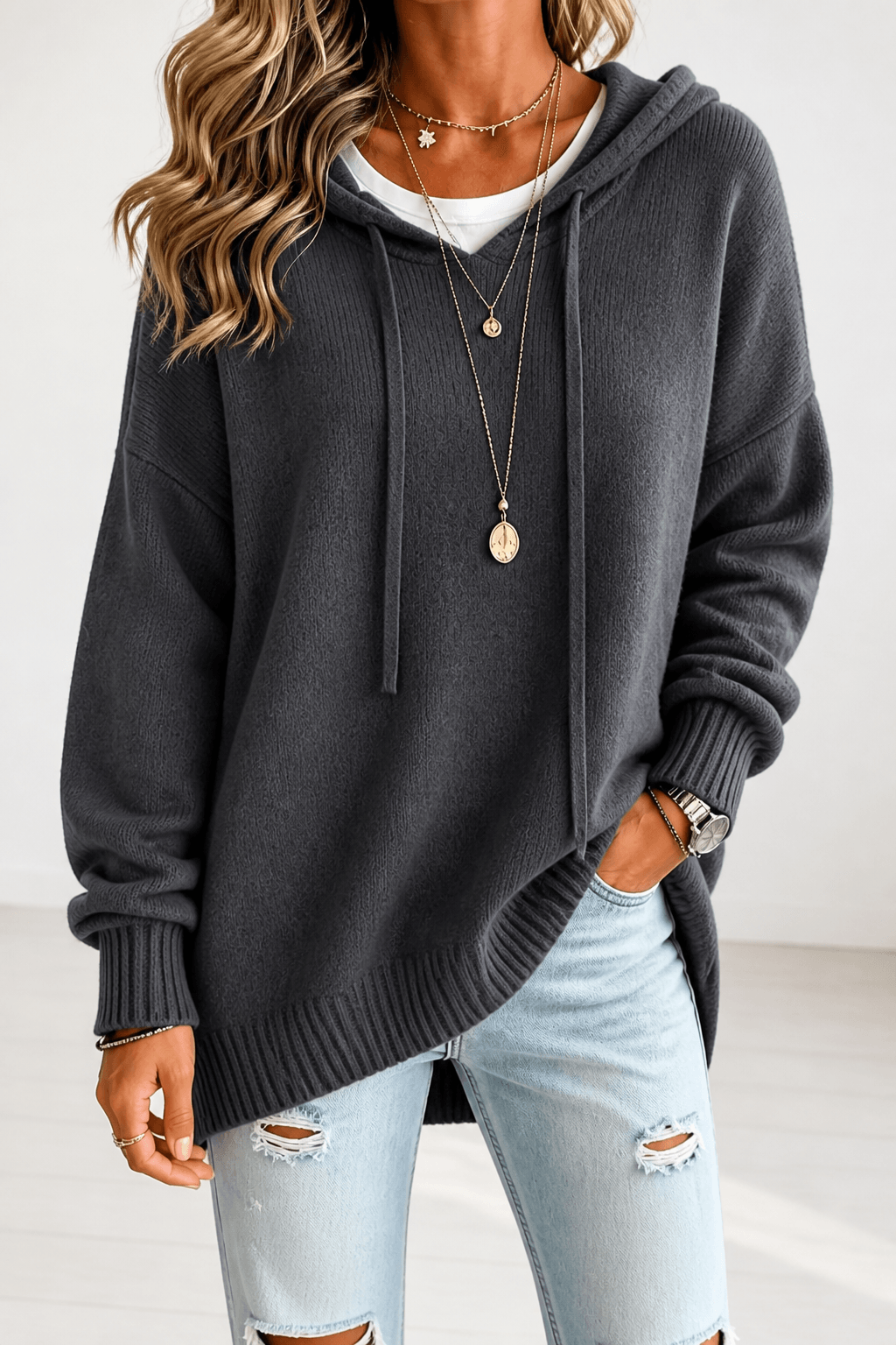 Women's Oversized Hooded Knitted Jumper with Drawstring