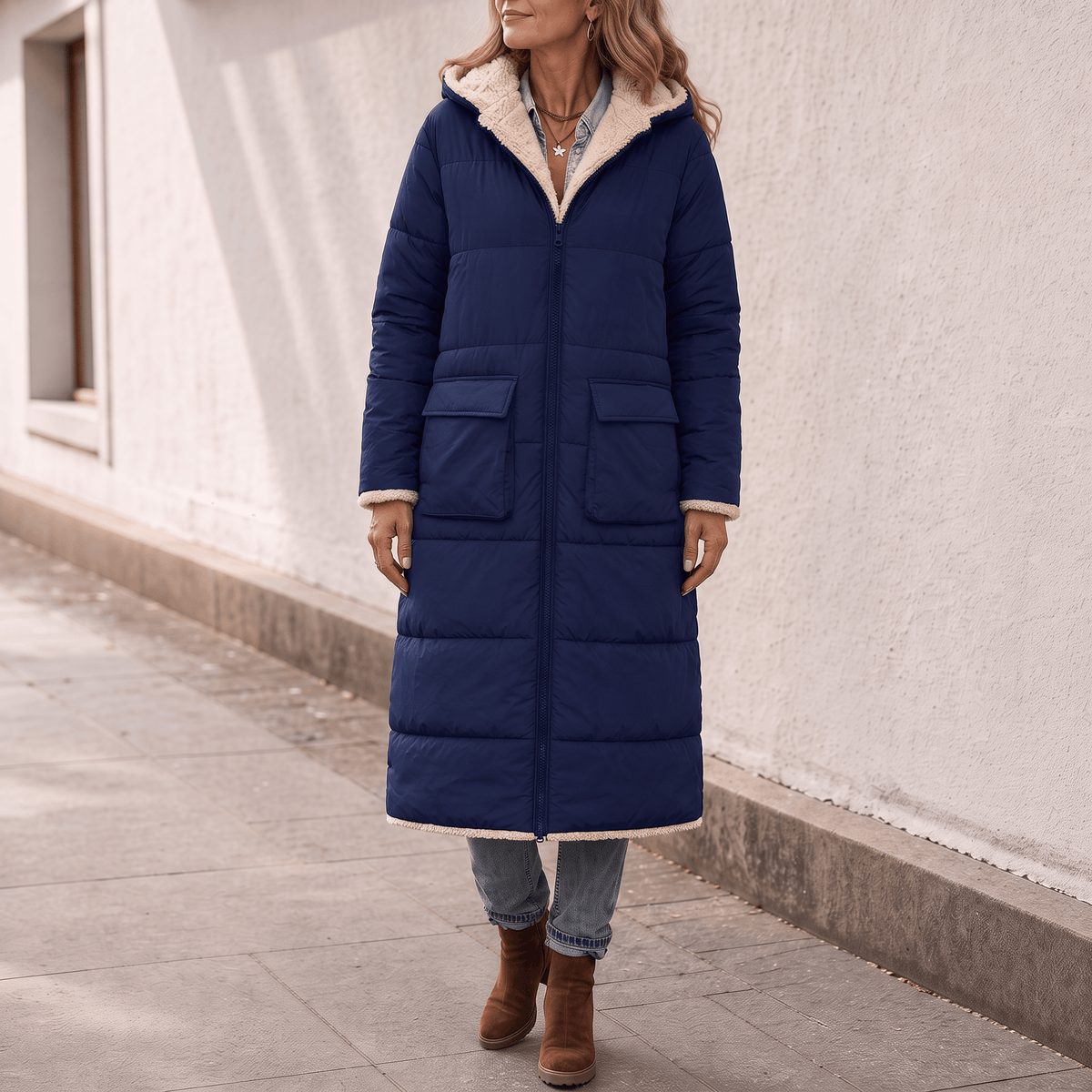 Women's Reversible Quilted Longline Winter Coat with Sherpa Trim