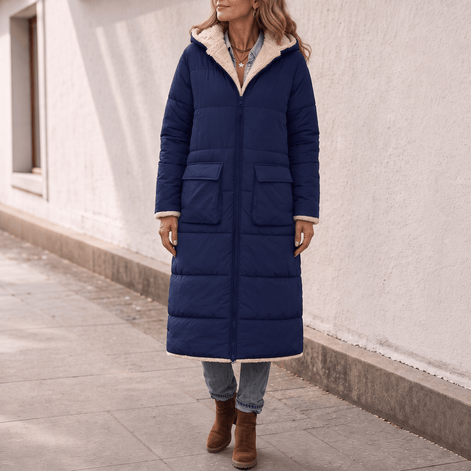 Women's Reversible Quilted Longline Winter Coat with Sherpa Trim