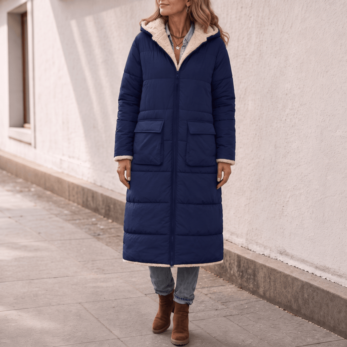 Women's Reversible Quilted Longline Winter Coat with Sherpa Trim