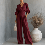 Wide Leg V-Neck Jumpsuit with Pleated Waist Sash for Women