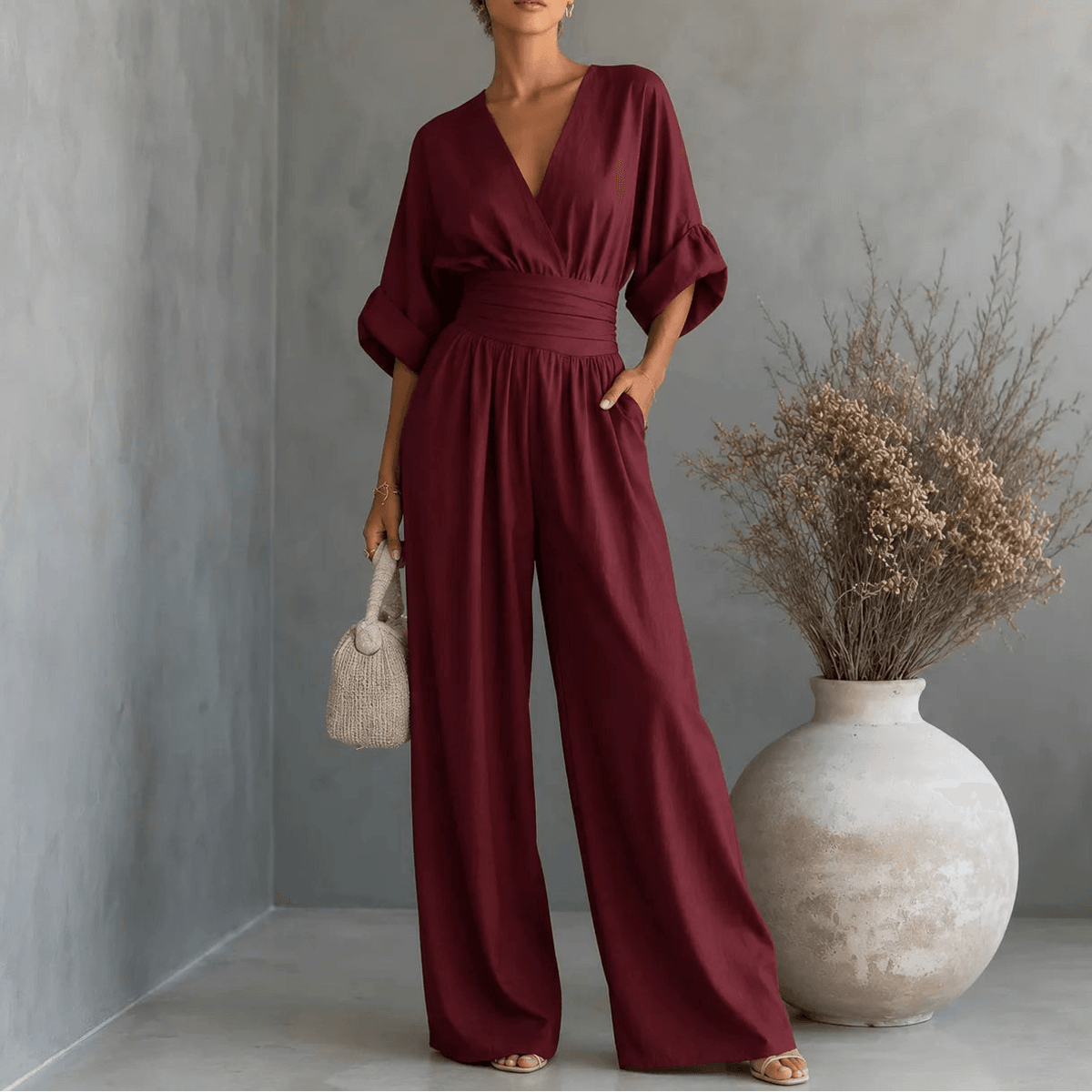 Wide Leg V-Neck Jumpsuit with Pleated Waist Sash for Women