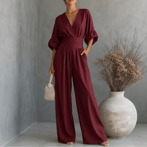 Wide Leg V-Neck Jumpsuit with Pleated Waist Sash for Women