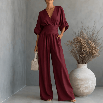 Wide Leg V-Neck Jumpsuit with Pleated Waist Sash for Women