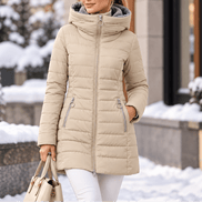 Women's Longline Quilted Puffer Jacket with Hood and Zip Pockets