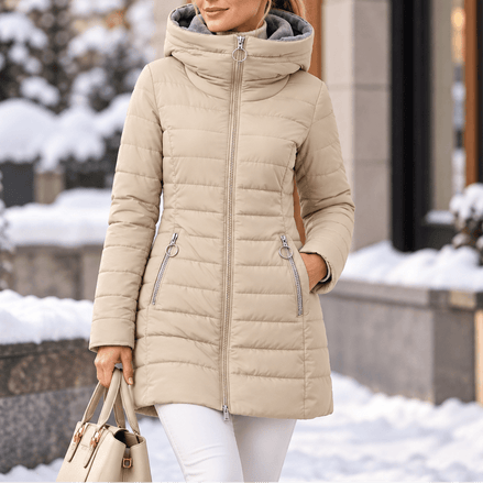 Women's Longline Quilted Puffer Jacket with Hood and Zip Pockets