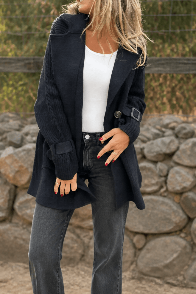 Cable-Knit Sleeve Double-Breasted Longline Coat for Women