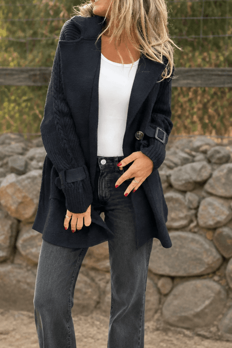 Cable-Knit Sleeve Double-Breasted Longline Coat for Women