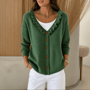 Ruffle Collar Women's Knitted Cardigan with Button Front in Acrylic Blend