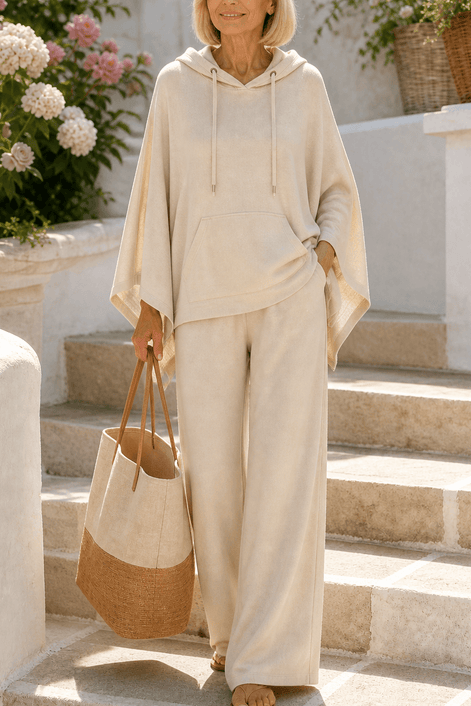 Hooded Cape and Wide-Leg Trouser Loungewear Set for Women