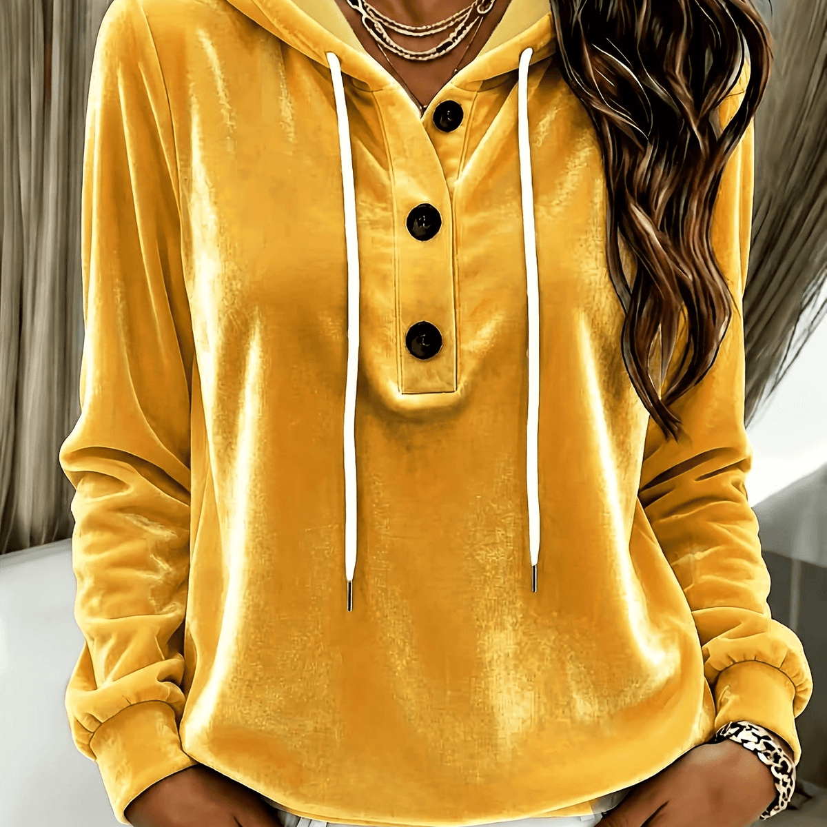 Women's Velvet Hooded Sweatshirt with Button Placket and Drawstring