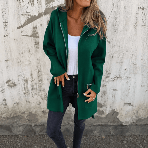 Women's Longline Hooded Zip-Up Jacket with Pockets