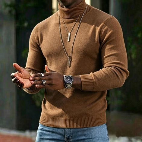 Men's Ribbed Turtleneck Knit Jumper with Long Sleeves