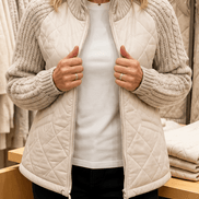 Women's Knit-Panel Quilted Puffer Jacket with Ribbed Cuffs