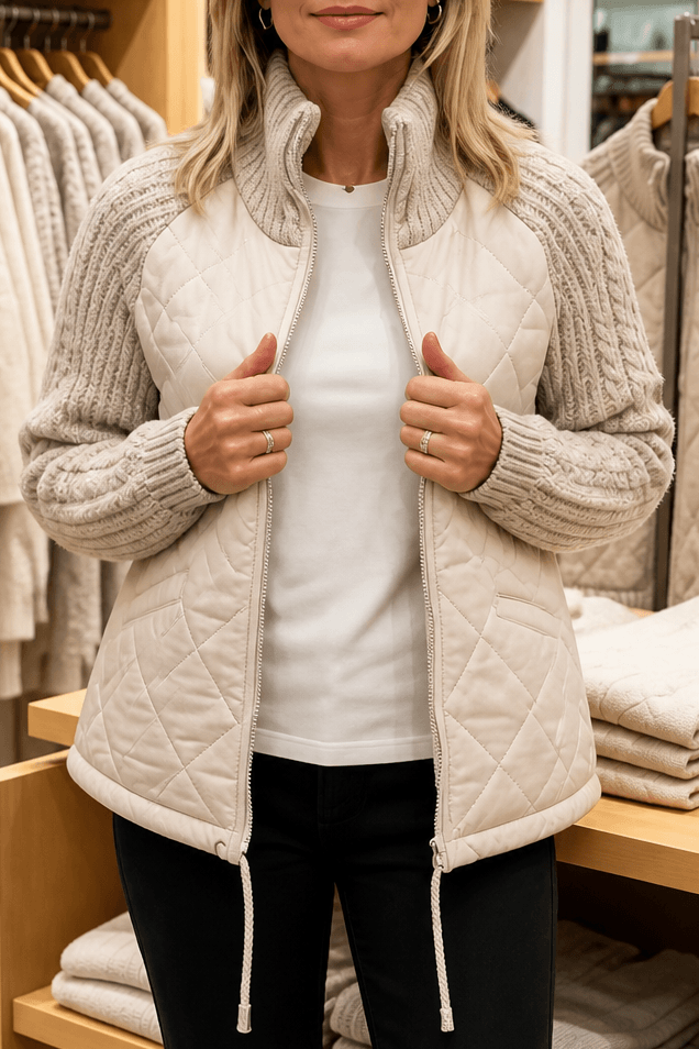 Women's Knit-Panel Quilted Puffer Jacket with Ribbed Cuffs