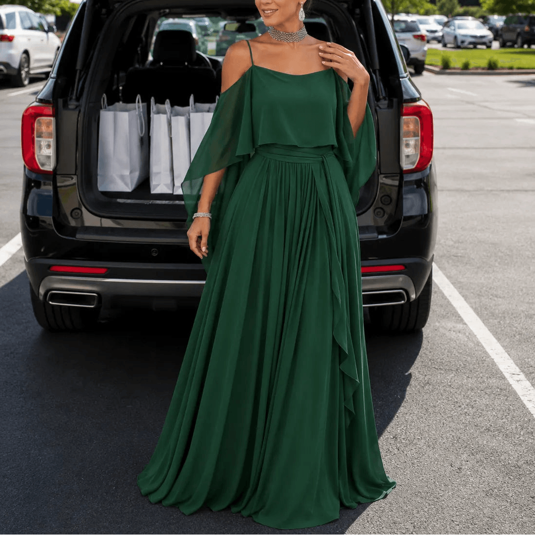Solavia Cold-Shoulder Chiffon Women's Midi Dress with Cascading Side Drape