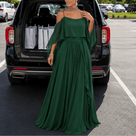 Solavia Cold-Shoulder Chiffon Women's Midi Dress with Cascading Side Drape