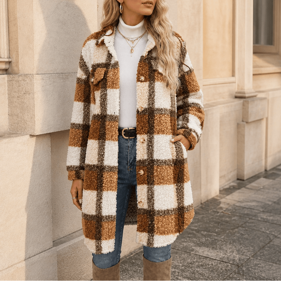 Fairloch Plaid Sherpa-Lined Mid-Length Coat with Button Front