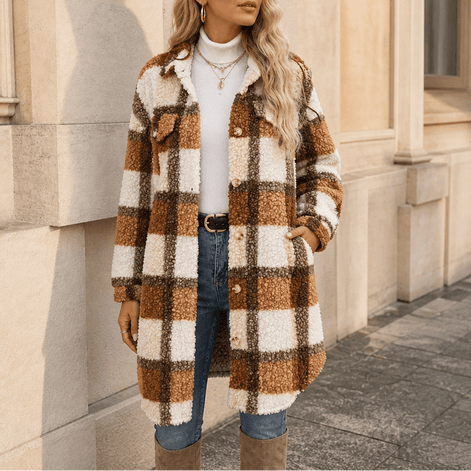 Fairloch Plaid Sherpa-Lined Mid-Length Coat with Button Front