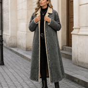 Denora Sherpa-Lined Full-Length Denim Coat with Lapel Collar