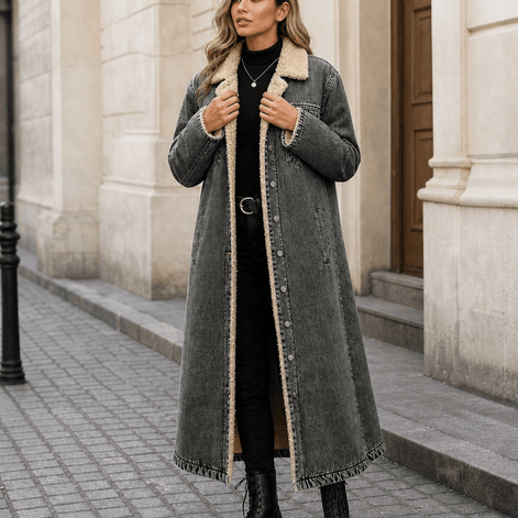 Denora Sherpa-Lined Full-Length Denim Coat with Lapel Collar