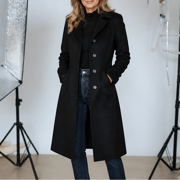 Women's Long Suede-Effect Button-Front Coat with Clean Vertical Line