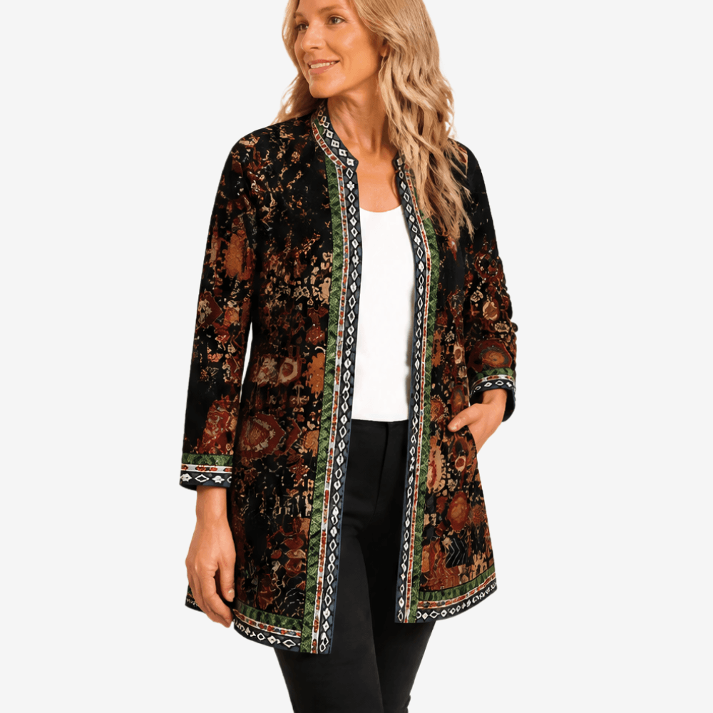 Patrice Art-Print Open-Front Jacket with Embellished Trim