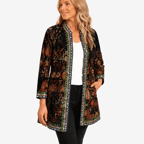 Patrice Art-Print Open-Front Jacket with Embellished Trim