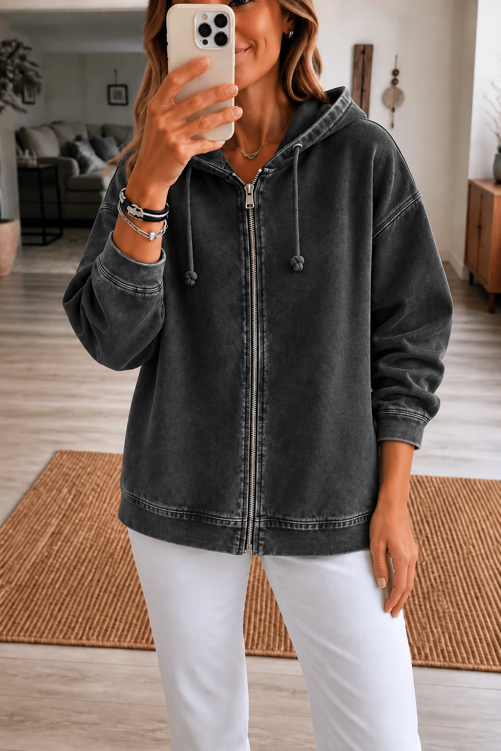 Women's Washed Relaxed Zip-Up Hoodie Jacket with Lined Hood