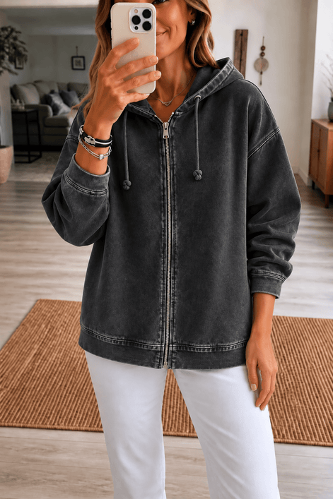 Women's Washed Relaxed Zip-Up Hoodie Jacket with Lined Hood
