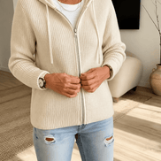 Women's Ribbed Zip-Up Hooded Cardigan with Drawstring Hood