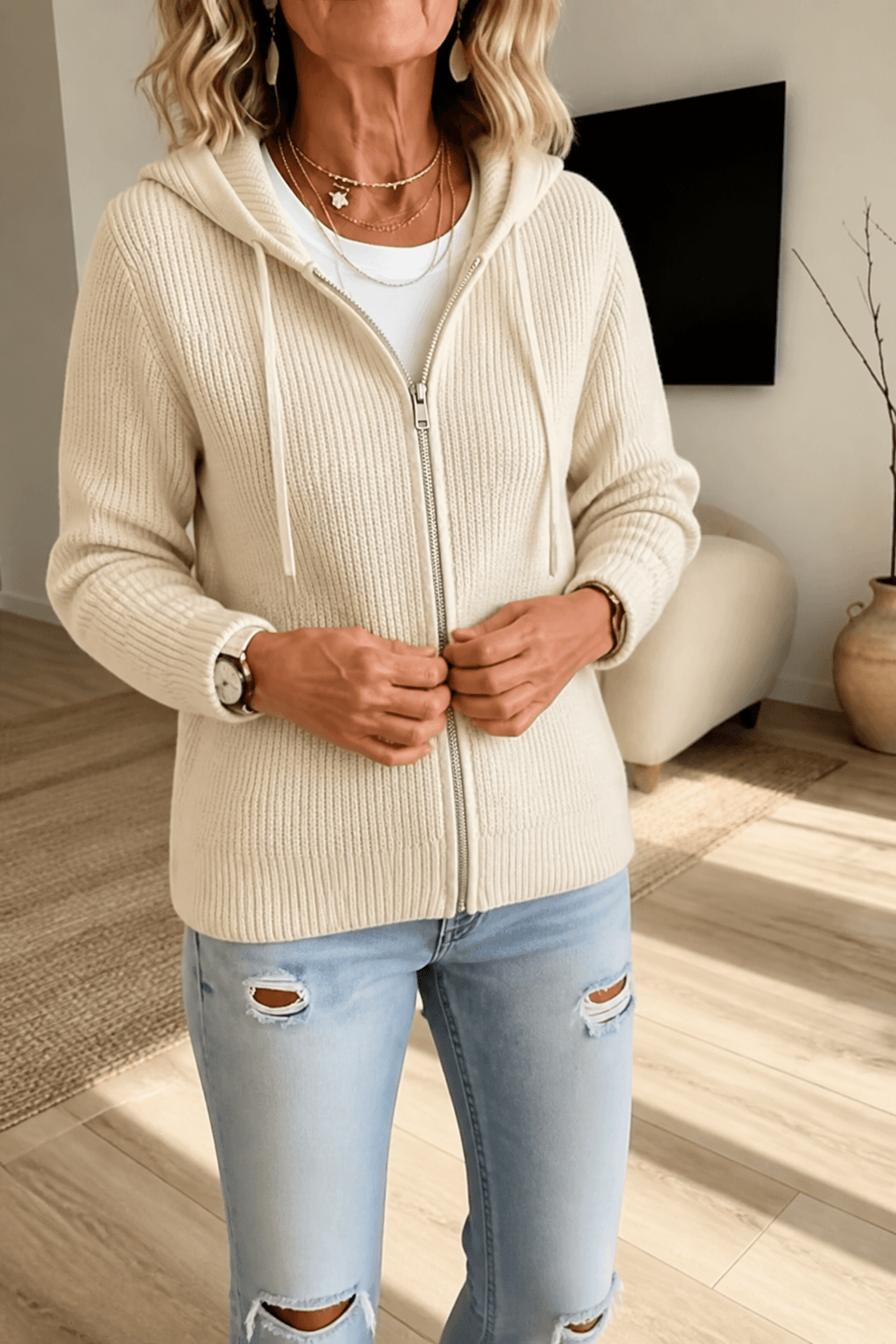 Women's Ribbed Zip-Up Hooded Cardigan with Drawstring Hood