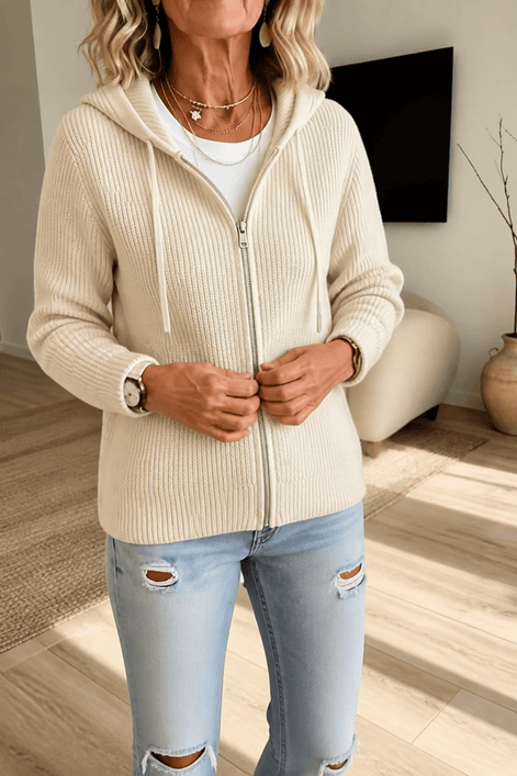 Women's Ribbed Zip-Up Hooded Cardigan with Drawstring Hood