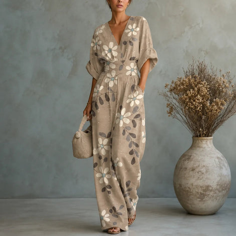 Floral Print Wide-Leg Jumpsuit with Cinched Waist and Pockets