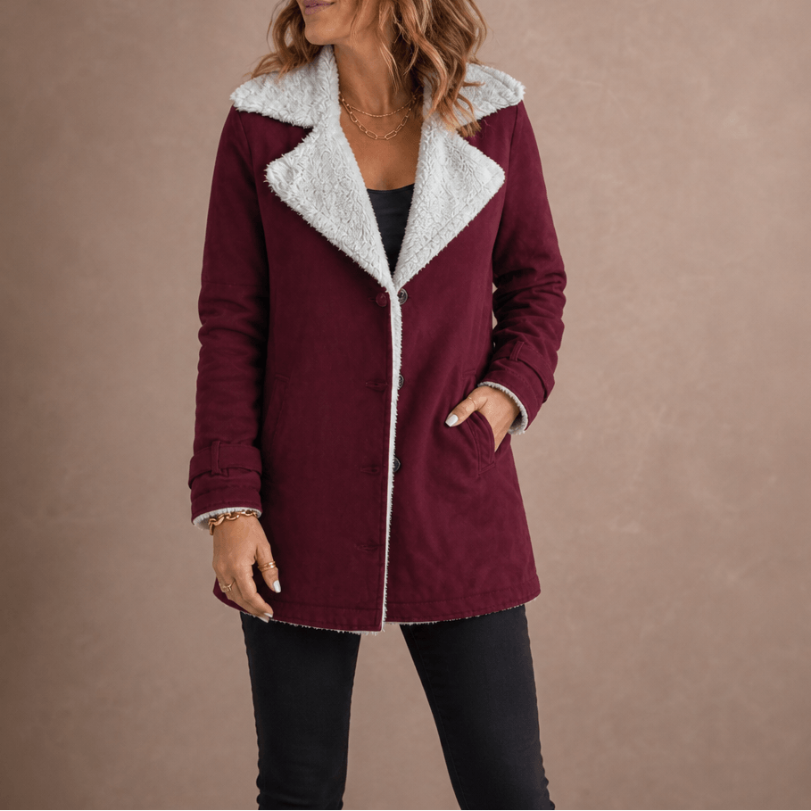 Sherpa-Lined Suede-Finish Lapel Jacket with Mid-Length Tailored Cut