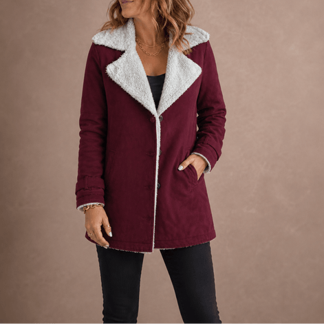 Sherpa-Lined Suede-Finish Lapel Jacket with Mid-Length Tailored Cut