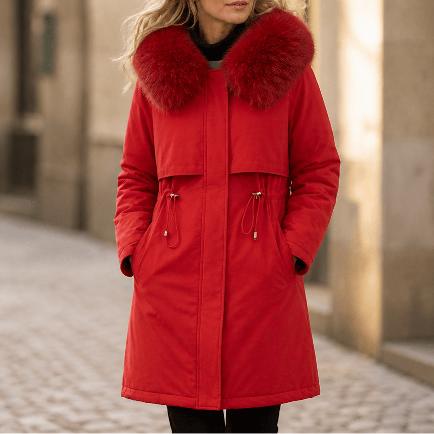 Women's Hooded Mid-Length Parka Coat with Faux-Fur Trim