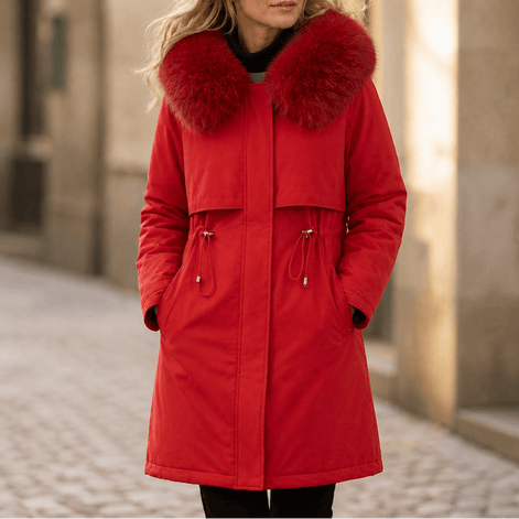 Women's Hooded Mid-Length Parka Coat with Faux-Fur Trim