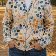 Botanical Print Zip-Up Knit Cardigan with Ribbed Trim