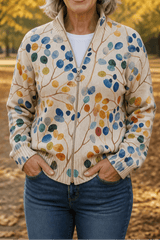 Botanical Print Zip-Up Knit Cardigan with Ribbed Trim