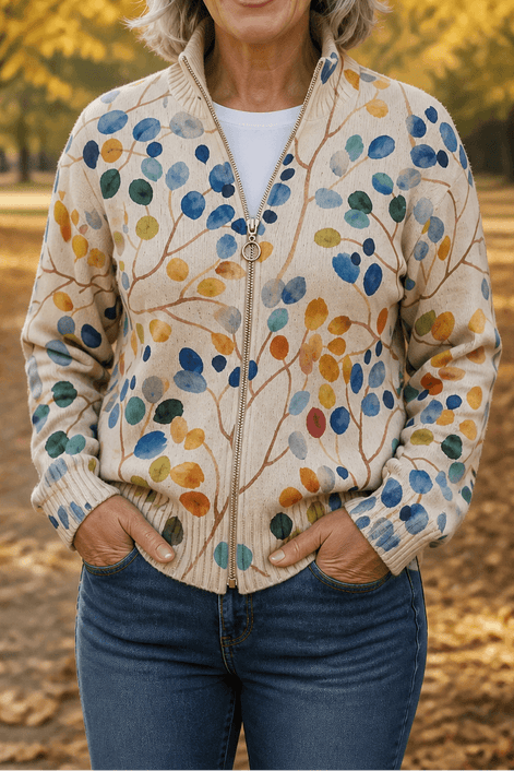 Botanical Print Zip-Up Knit Cardigan with Ribbed Trim