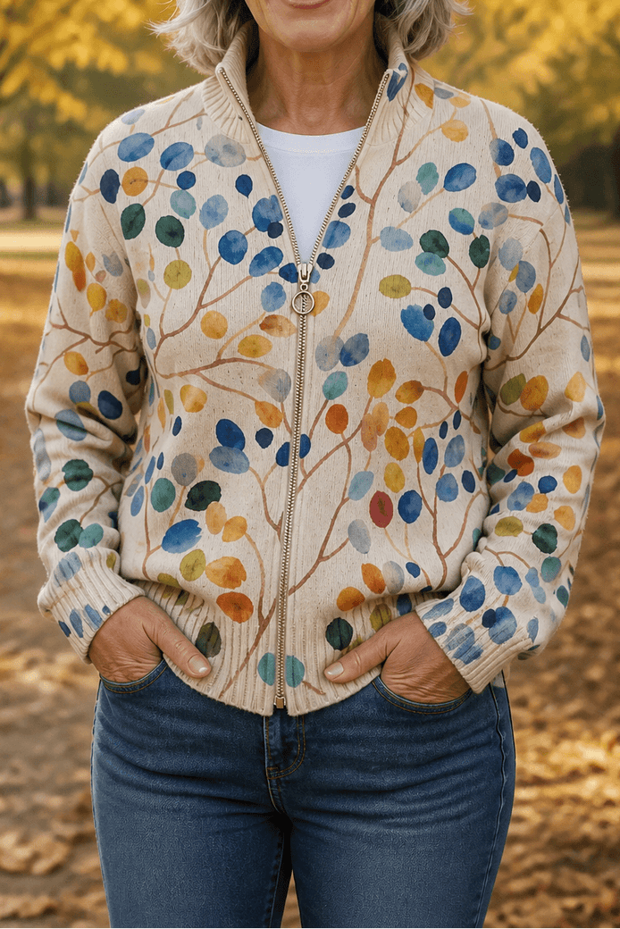 Botanical Print Zip-Up Knit Cardigan with Ribbed Trim