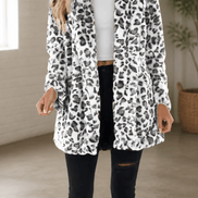 Women's Leopard Print Faux Fur Longline Coat with Open Front